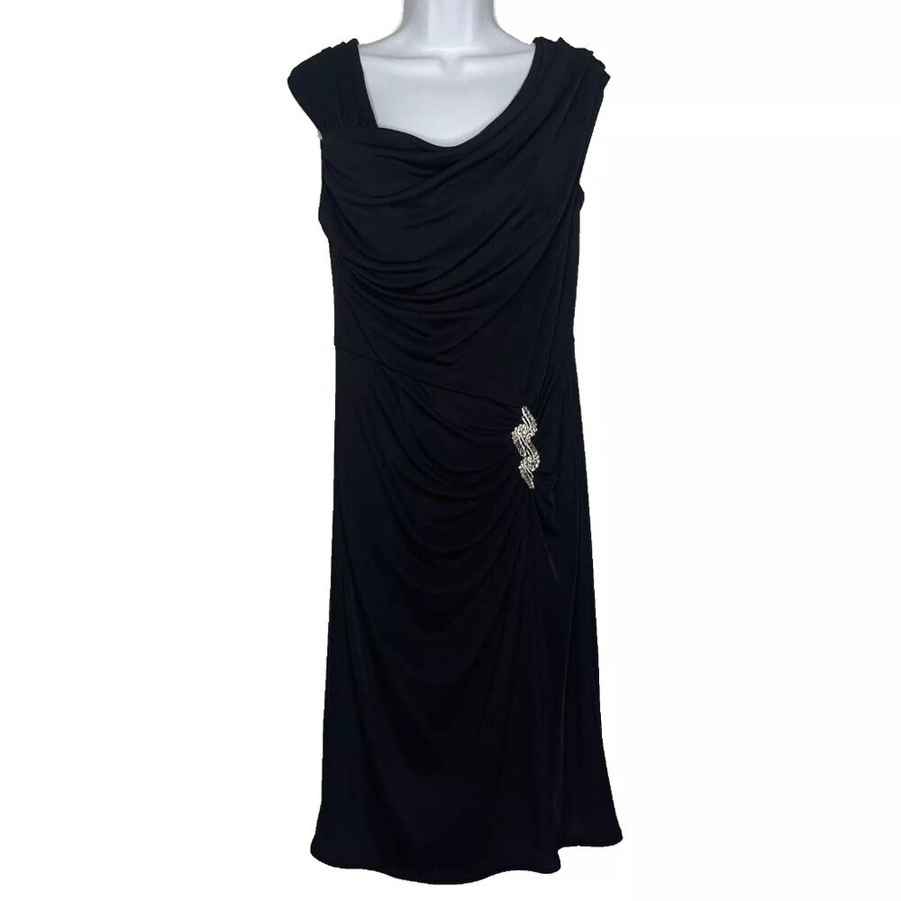 Vintage 90s Y2K Tadashi Cocktail Dress Size XL Black Draped Rhinestone Brooch